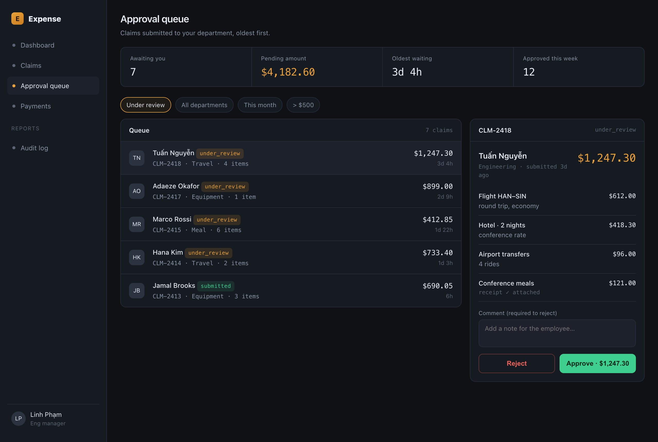 Màn hình Approval Queue dựng từ frontend-design, density cao