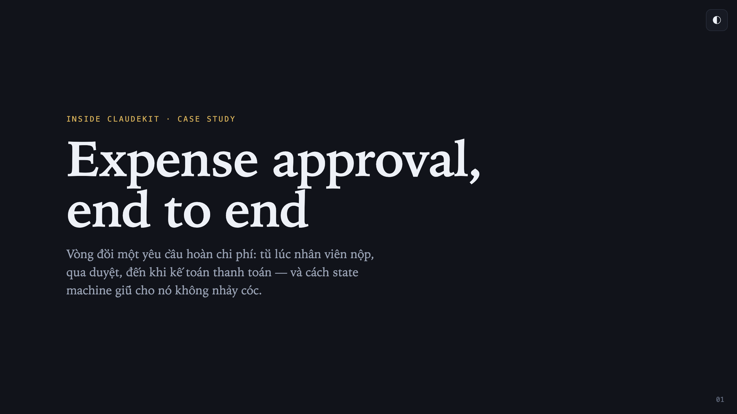 Slide title của deck workflow, preset Editorial dark